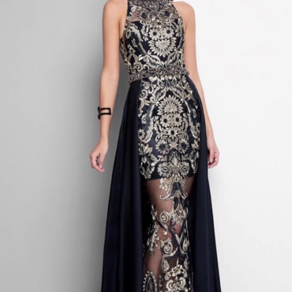 Terani Couture Black & Gold Embroidered Halter Gown - Stunning! - Picture 4 of 5